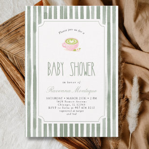 Invitation Thé Matcha rayé vert sauge Baby Shower Vintage