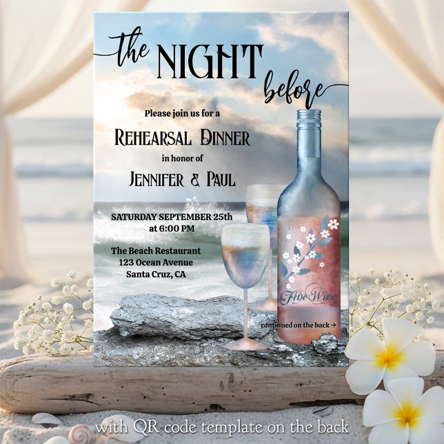 Invitation The Night Before Beach and Wine Rehearsal Dinner (Rehearsal Dinner invitation featuring a fine art painted  wine bottle with two glasses on the beach)