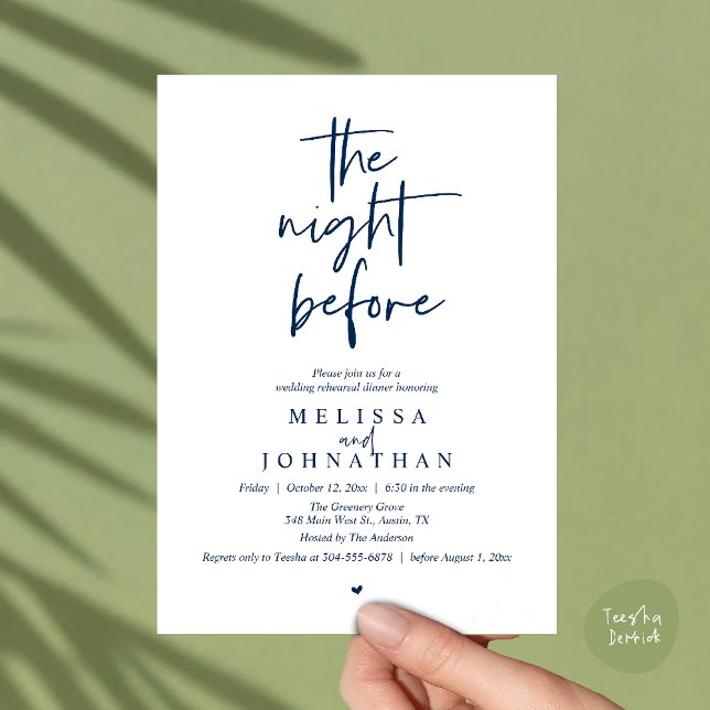 Invitation The night before, Modern Wedding Rehearsal Dinner (The night before, Modern minimalist Wedding Rehearsal Dinner Invitation card in navy blue)