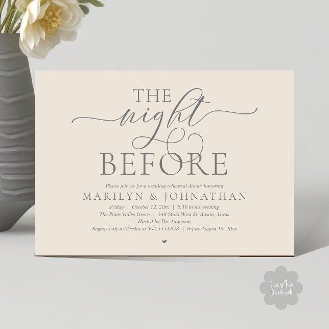Invitation The Night Before, Modern Wedding Rehearsal Dinner (The Night Before, Modern Romantic Classy Wedding Rehearsal Dinner Invitation Card in cream grey)