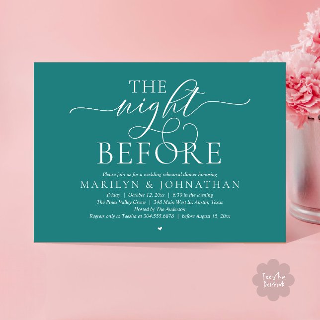 Invitation The Night Before, Modern Wedding Rehearsal Dinner (The Night Before, Modern Romantic Classy Wedding Rehearsal Dinner Invitation Card in teal green)