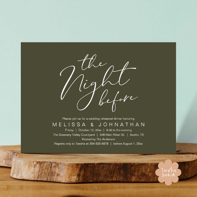 Invitation The Night Before Romantic Wedding Rehearsal Dinner (The Night Before Romantic Modern Wedding Rehearsal Dinner Aesthetic Invites PDF Classy Olive Green)