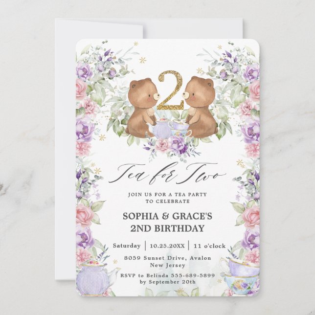 Invitation Thé Nounours floral pour deux fête d'anniversaire (Devant)