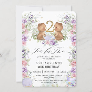 Invitation Thé Nounours floral pour deux fête d'anniversaire