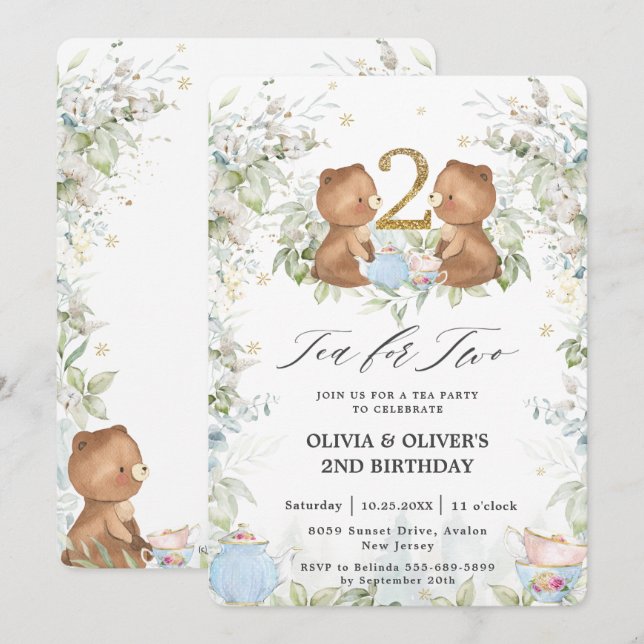 Invitation Thé Nounours mignon pour deux 2e fête d'anniversai (Devant / Derrière)