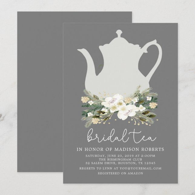 Invitation Thé nuptial gris aquarelle Fleurs (Devant / Derrière)
