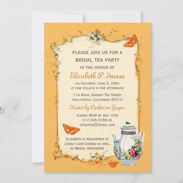 Invitation Thé nuptiale français vintage orange (Devant)