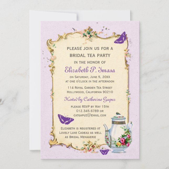 Invitation Thé nuptiale français vintage pourpre (Devant)