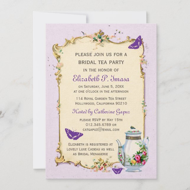 Invitation Thé nuptiale français vintage pourpre (Devant)