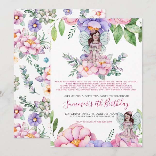 Invitation Thé Party de la Fée des Fleurs (Devant / Derrière)