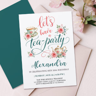 Invitation Thé Party Élégant Tasse à Thé Floral Rouge Vert Éc
