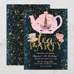 Invitation Thé Party Licorne Doré Paillettes Rose Fille Anniv