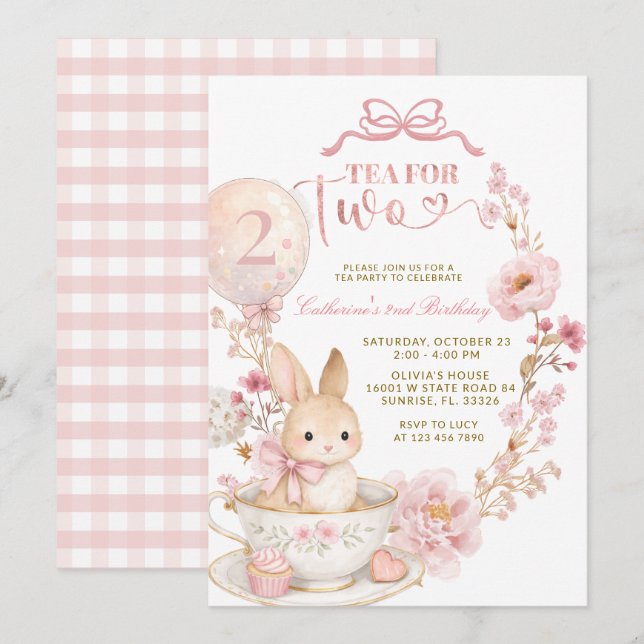 Invitation Thé pour deux 2e anniversaire Lapin Printemps Rose (Devant / Derrière)