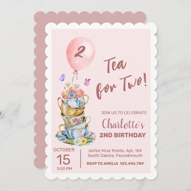 Invitation Thé Pour Deux Anniversaires Fête Rose Floral Tea P (Devant / Derrière)