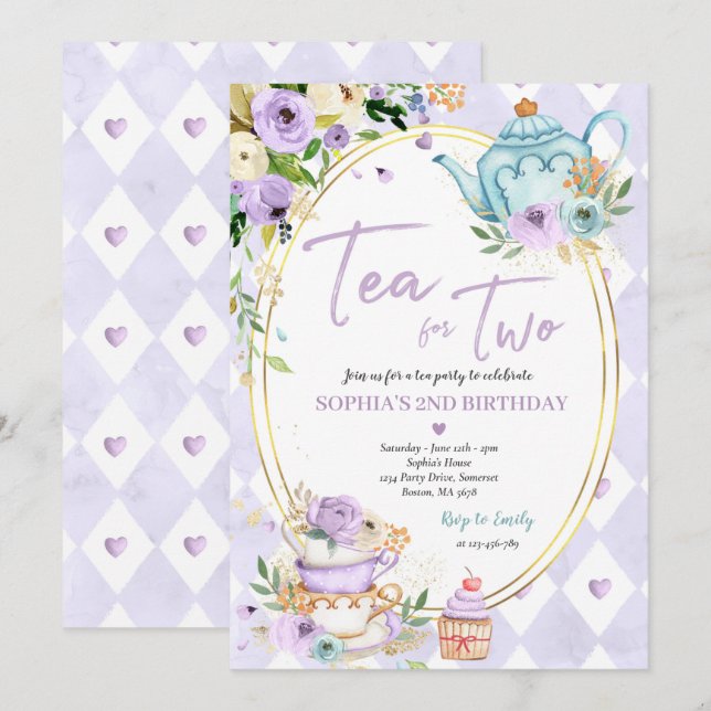 Invitation Thé Pour Deux Fêtes D'Anniversaire Lilac Et Gold F (Devant / Derrière)