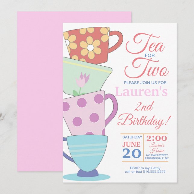 Invitation Thé Pour Deux Fêtes Du 2E Anniversaire (Devant / Derrière)