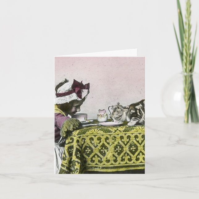 Invitation Thé pour deux Fille Victorienne et Kitty Cat Tea P (Devant)