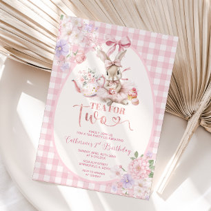 Invitation Thé pour deux lapin de Pâques Gingham rose 2ème an