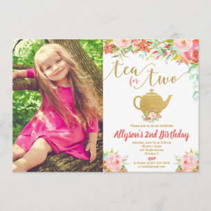 Invitation Thé pour deux or rose floral 2ème anniversaire pho