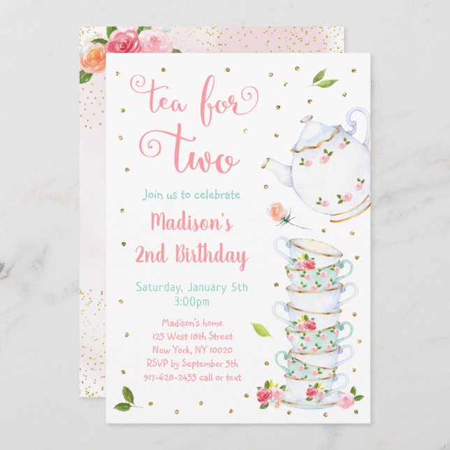 Invitation Thé Pour Deux Soirée Florale D'Or Rose Anniversair (Devant / Derrière)