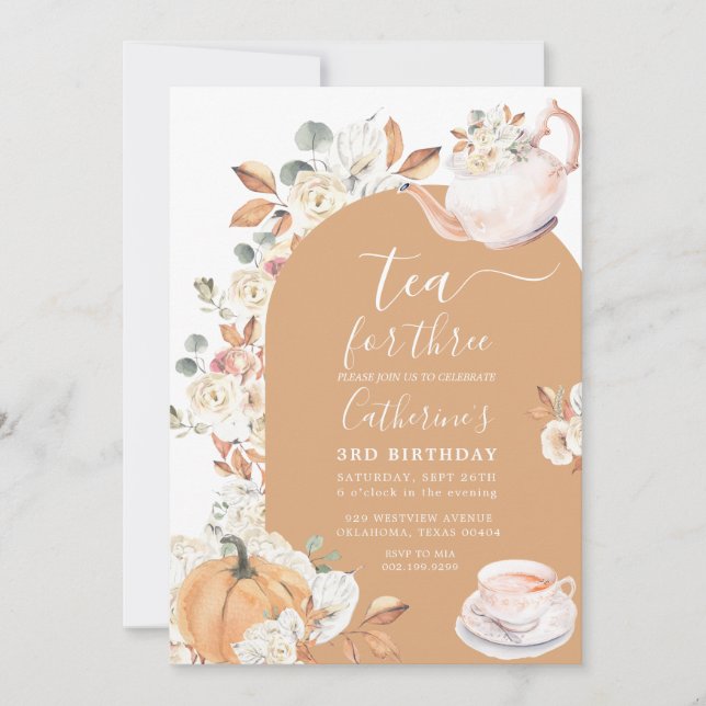 Invitation Thé pour trois Citrouilles Boho Floral 3e annivers (Devant)