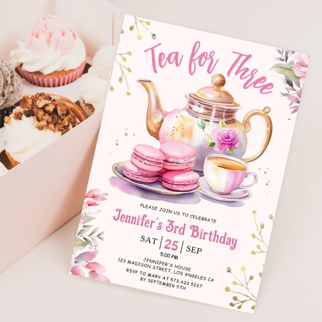 Invitation Thé pour trois ! Fête d'anniversaire 3 ans fille r (Créateur téléchargé)