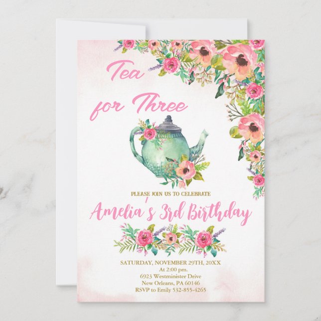 Invitation Thé pour trois invitations, rose Floral 3e anniver (Devant)
