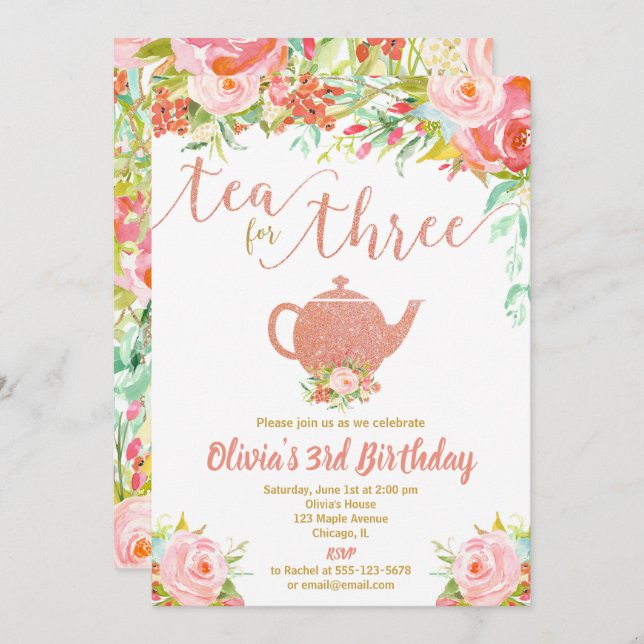 Invitation Thé pour trois roses or fille 3ème anniversaire (Devant / Derrière)