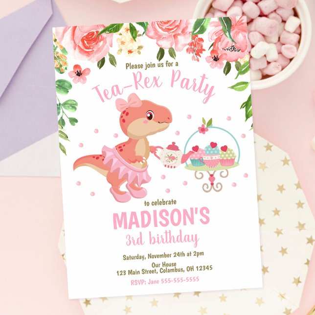 Invitation Thé-Rex Tutu Fête Dinosaure Fille Rose 3ème Annive (Créateur téléchargé)