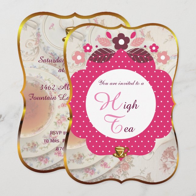 Invitation Thé rose et or haute (Devant / Derrière)