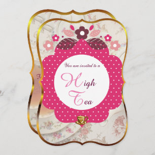Invitation Thé rose et or haute