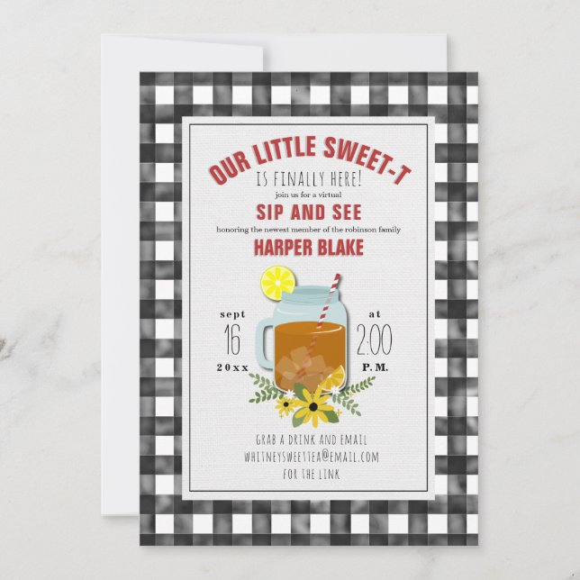 Invitation Thé sucré Gingham Floral Bébé Visite virtuelle Sip (Devant)