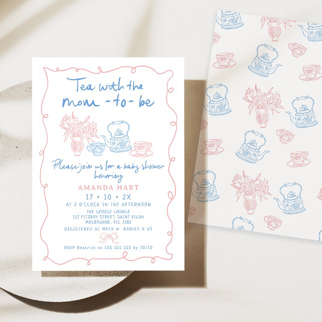 Invitation Thé Tiré Whimsical Avec Maman Pour Être Baby showe (Whimsical Hand Drawn Illustration Baby Shower Invitation, Baby Pink Blue Tea Baby Shower Invitation)