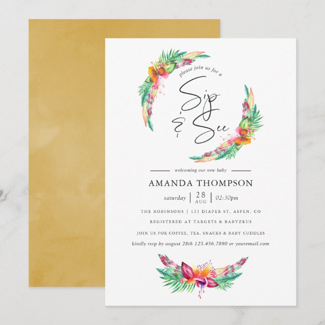 Invitation Thé tropical d'été de plage à l'aquarelle Sip and  (Devant / Derrière)