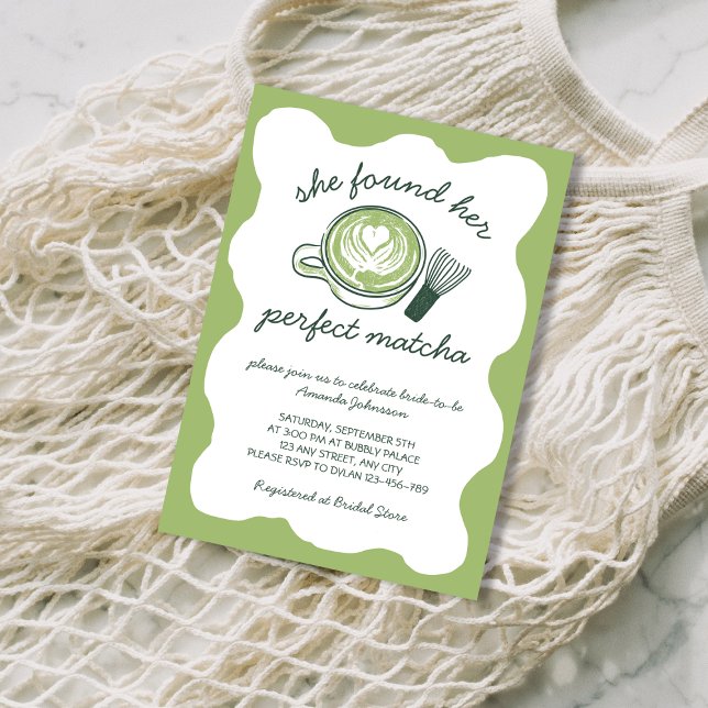 Invitation Thé vert matcha parfait pour enterrement de vie de (Perfect Matcha Green Tea Hand Drawn Bridal Shower Invitation)