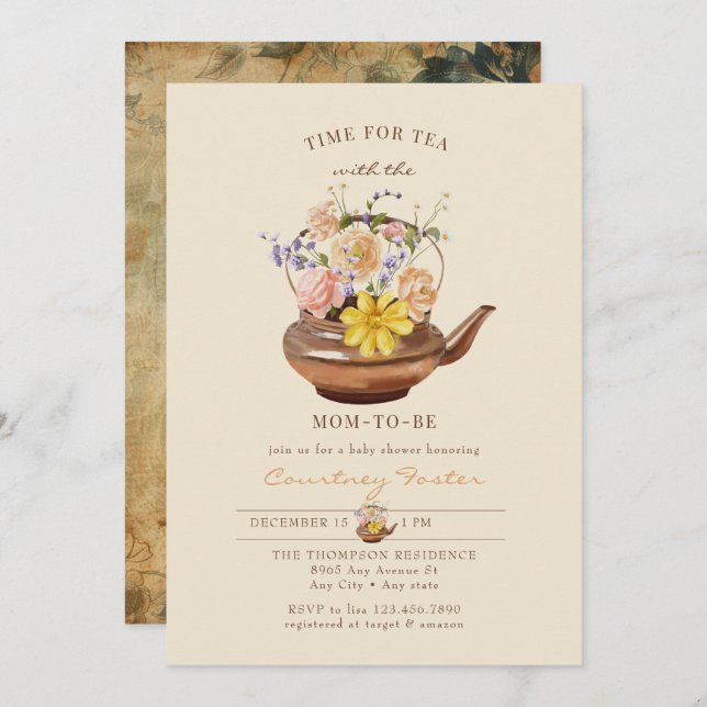 Invitation Thé vintage | Baby shower floral aquarelle (Devant / Derrière)