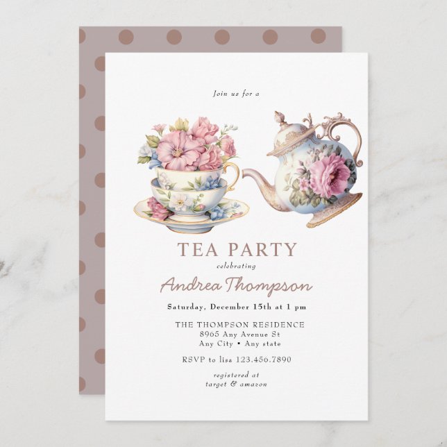 Invitation Thé Vintage | Fête de thé aux fleurs (Devant / Derrière)