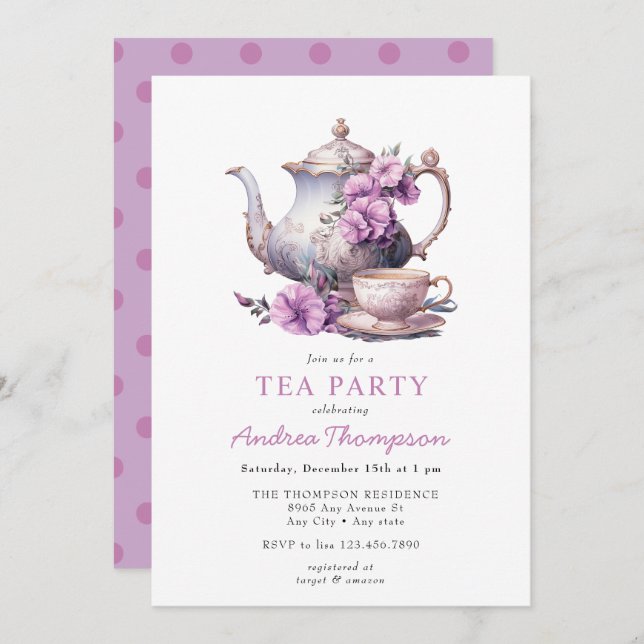 Invitation Thé Vintage | Fête de Thé aux Fleurs (Devant / Derrière)