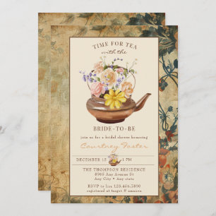 Invitation Thé vintage Fête des mariées florale aquarelle