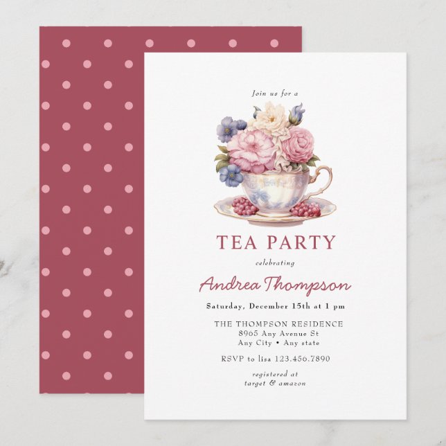 Invitation Thé vintage | Fleurs Tea Party (Devant / Derrière)