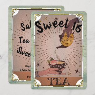 Invitation Thé Vintage Tarot Sorcière Théière Fête Douce 16 A