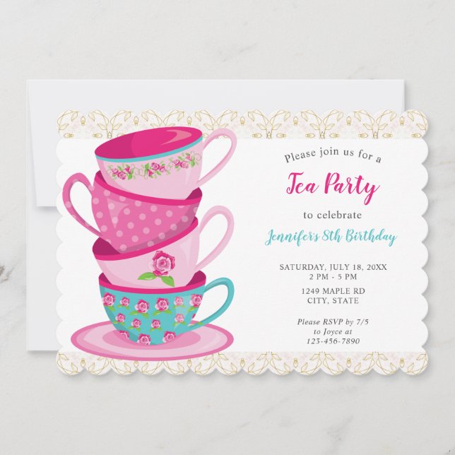 Invitation Thé Whimsical Anniversaire Teacups Cute Rose (Devant)