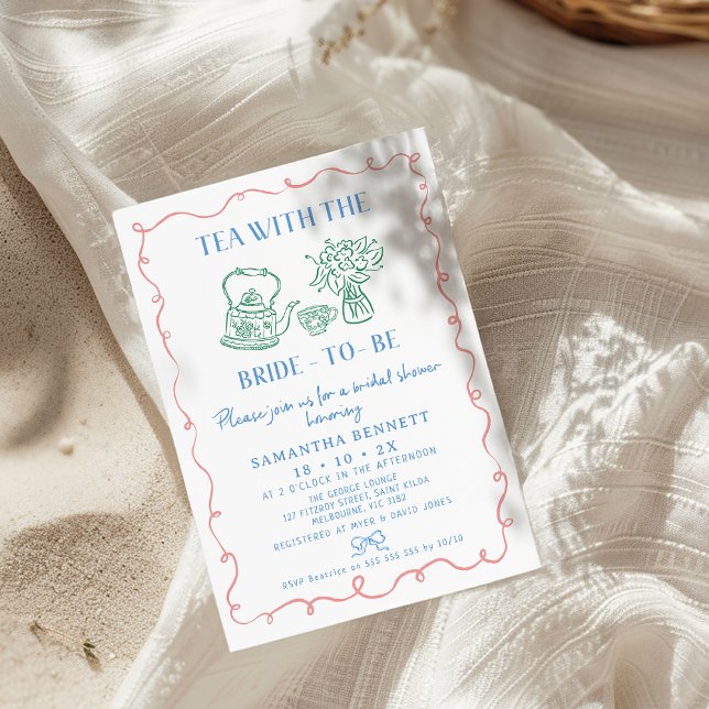 Invitation Thé Whimsical Multi-Couleurs Avec Fête des mariées (Whimsical Tea Bridal Shower Invitation, Hand Drawn Three Colors, Tea With Bride To Be Bridal Shower,)