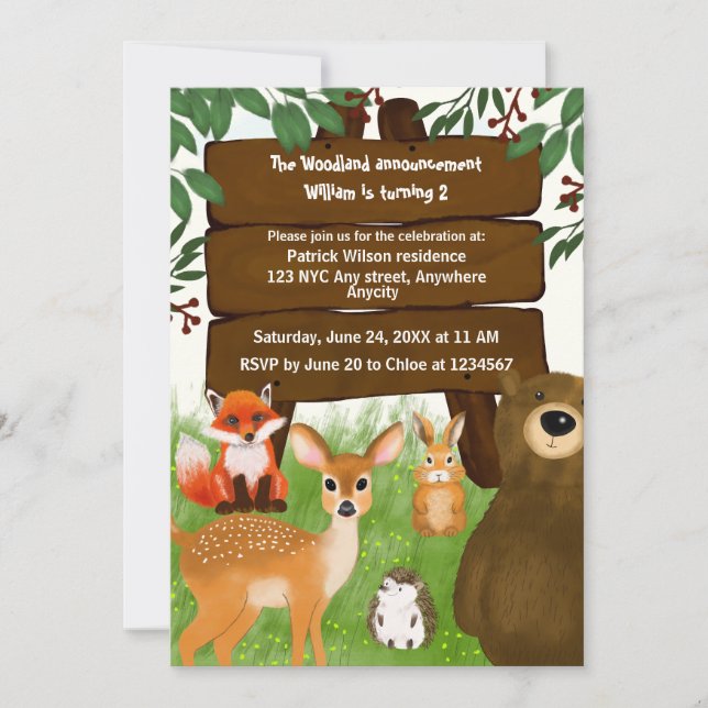 Invitation The Woodland Birthday Party Forest Animals Kids (Devant)
