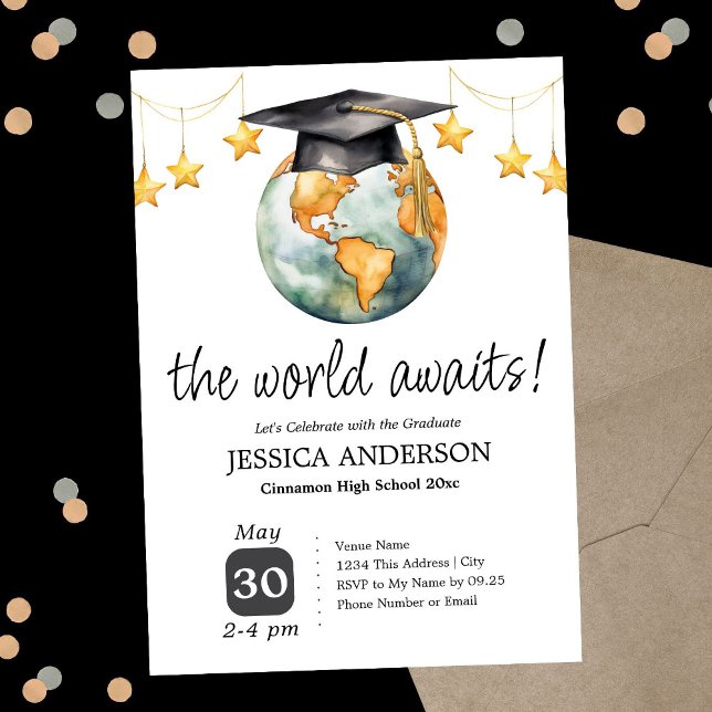 Invitation The World Awaits Graduation Party One Photo  (Créateur téléchargé)