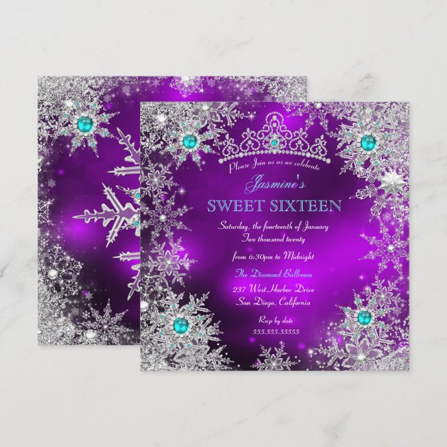 Invitation Théâtre de Noël hivernal sarcelle violet Douce 16  (Devant / Derrière)
