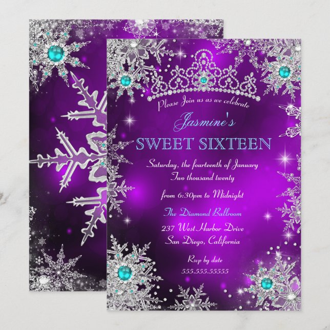 Invitation Théâtre de Noël Turquoise Violet Douce 16 Flocons  (Devant / Derrière)