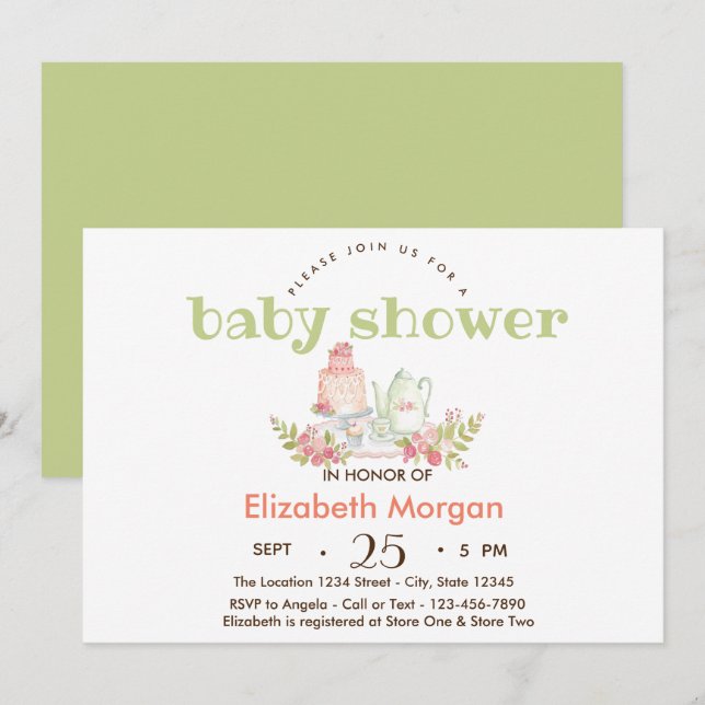 Invitation Théière aquarelle Fleurs Baby Shower (Devant / Derrière)