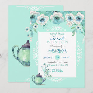 Invitation Théière au thé à la menthe Fleurs à l'aquarelle