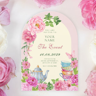 Invitation théière aux fleurs roses jardin 